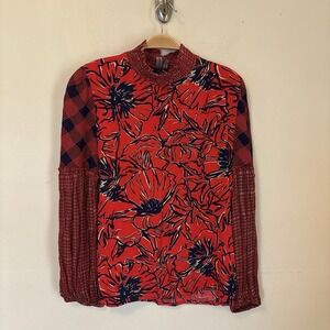 Anthropologie Bl^nk London Blouse Shirt Vivant Red Mixed Print Peasant Floral XS